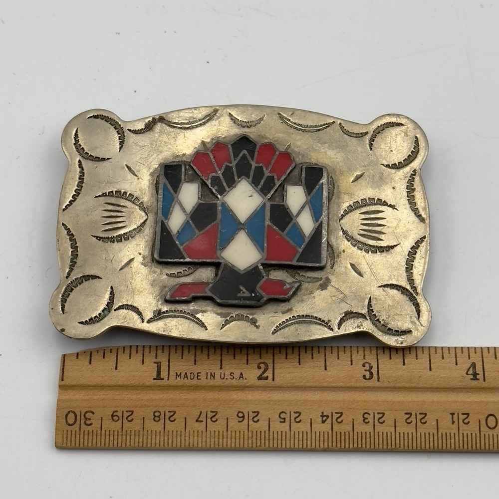 Vintage Nickel Silver Stone Inlaid Thunderbird Belt Buckle Frontier Southwestern - Picture 5 of 6